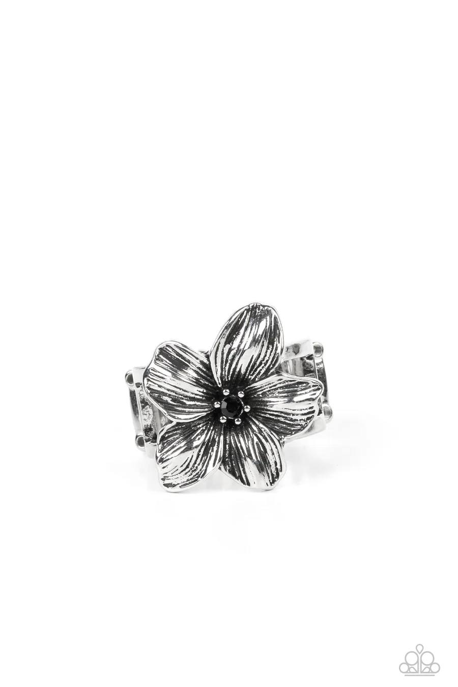 Tropical Treat - Black Rhinestone Silver Flower Ring