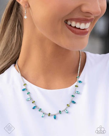 Feminine Fashion - Blue and Green Gem Rhinestone Silver Short Necklace - Fashion Fix