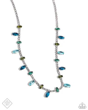 Feminine Fashion - Blue and Green Gem Rhinestone Silver Short Necklace - Fashion Fix