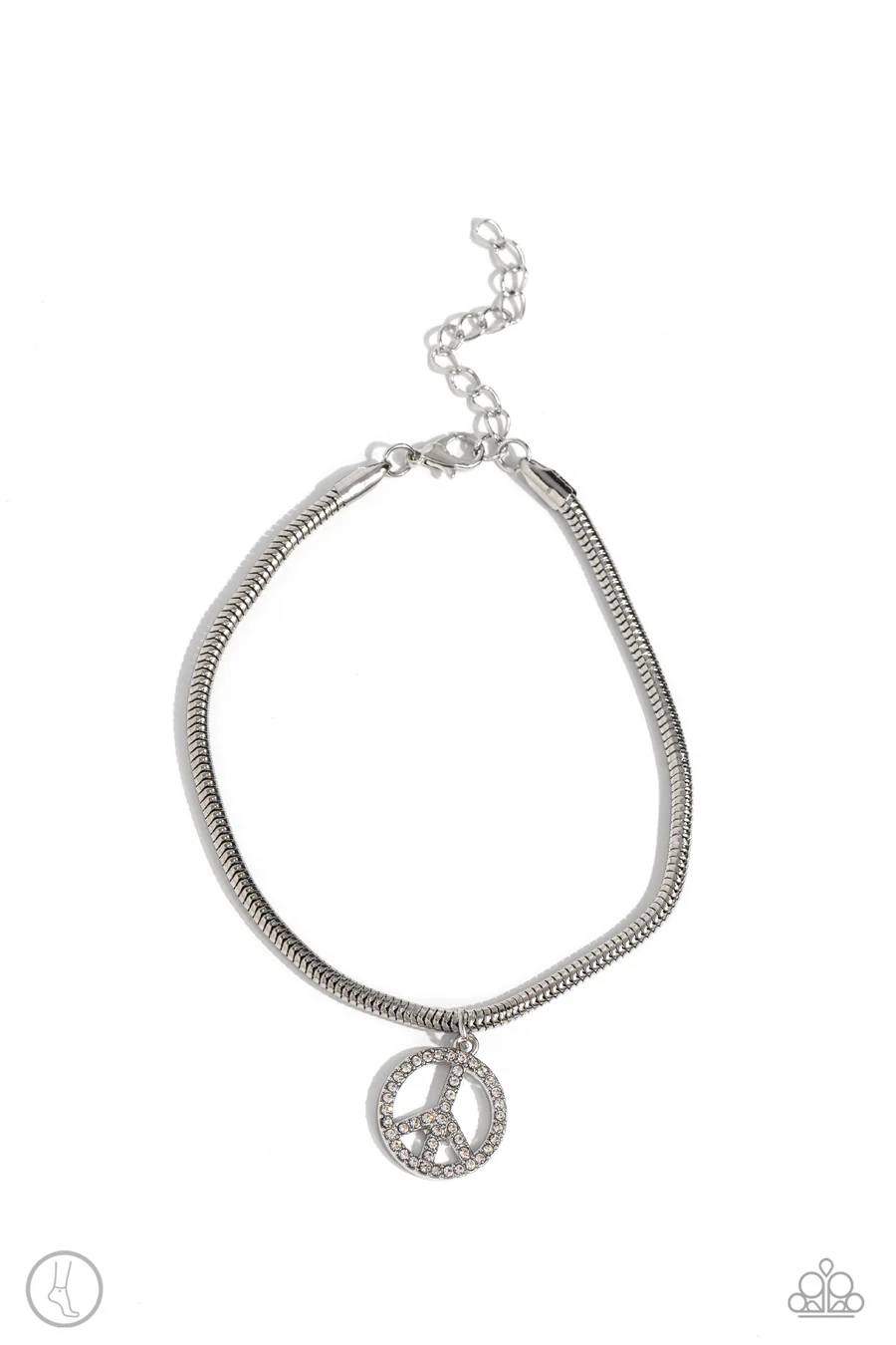 Pampered Peacemaker - White Rhinestone Peace Sign Silver Anklet