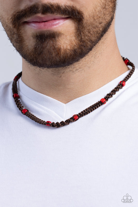 Scenic Climb - Red Bead Brown Cord Urban Necklace