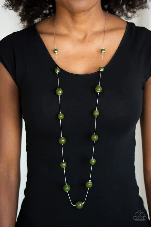 5th Avenue Frenzy - Green Bead Silver Dainty Chain Long Necklace
