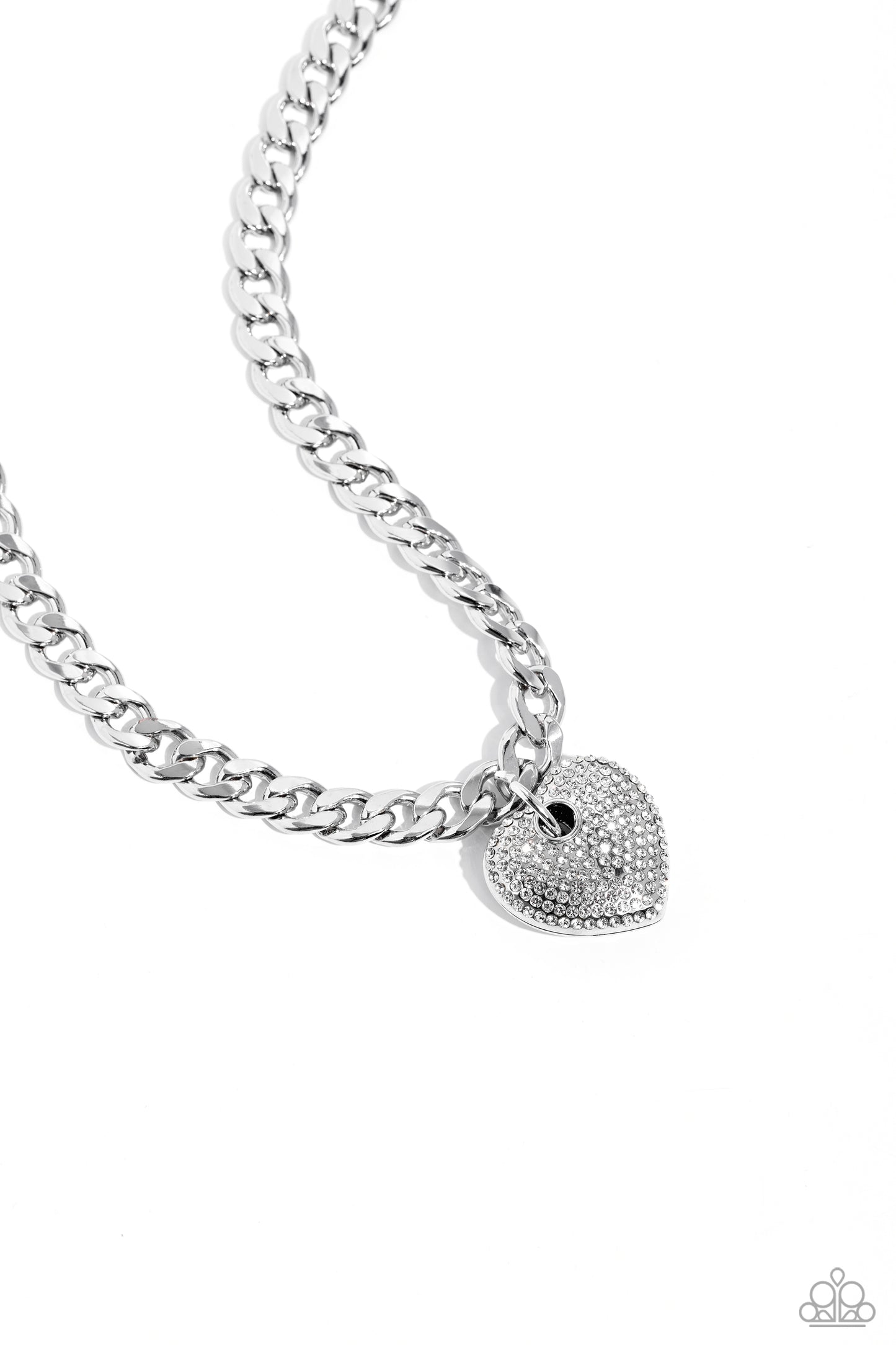 Ardent Affection - White Rhinestone Heart Silver Chunky Chain Short Necklace - Life of the Party