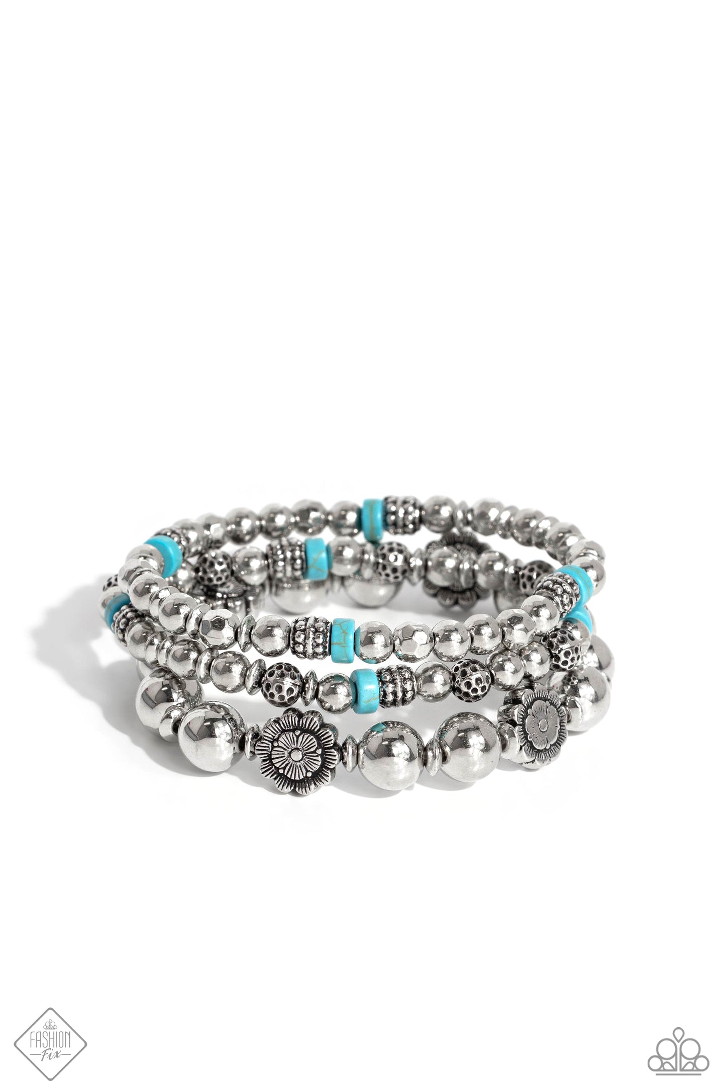 Garden Party Passion - Blue Turquoise Silver Stretchy Bracelet Set - Fashion Fix, November 2023