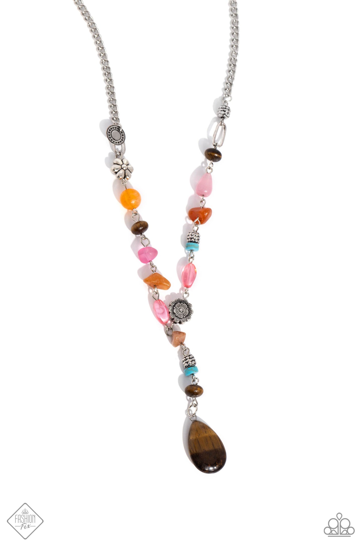 Garden Party Prize - Brown Colorful Stone Silver Y Short Necklace, Fashion Fix, November 2023