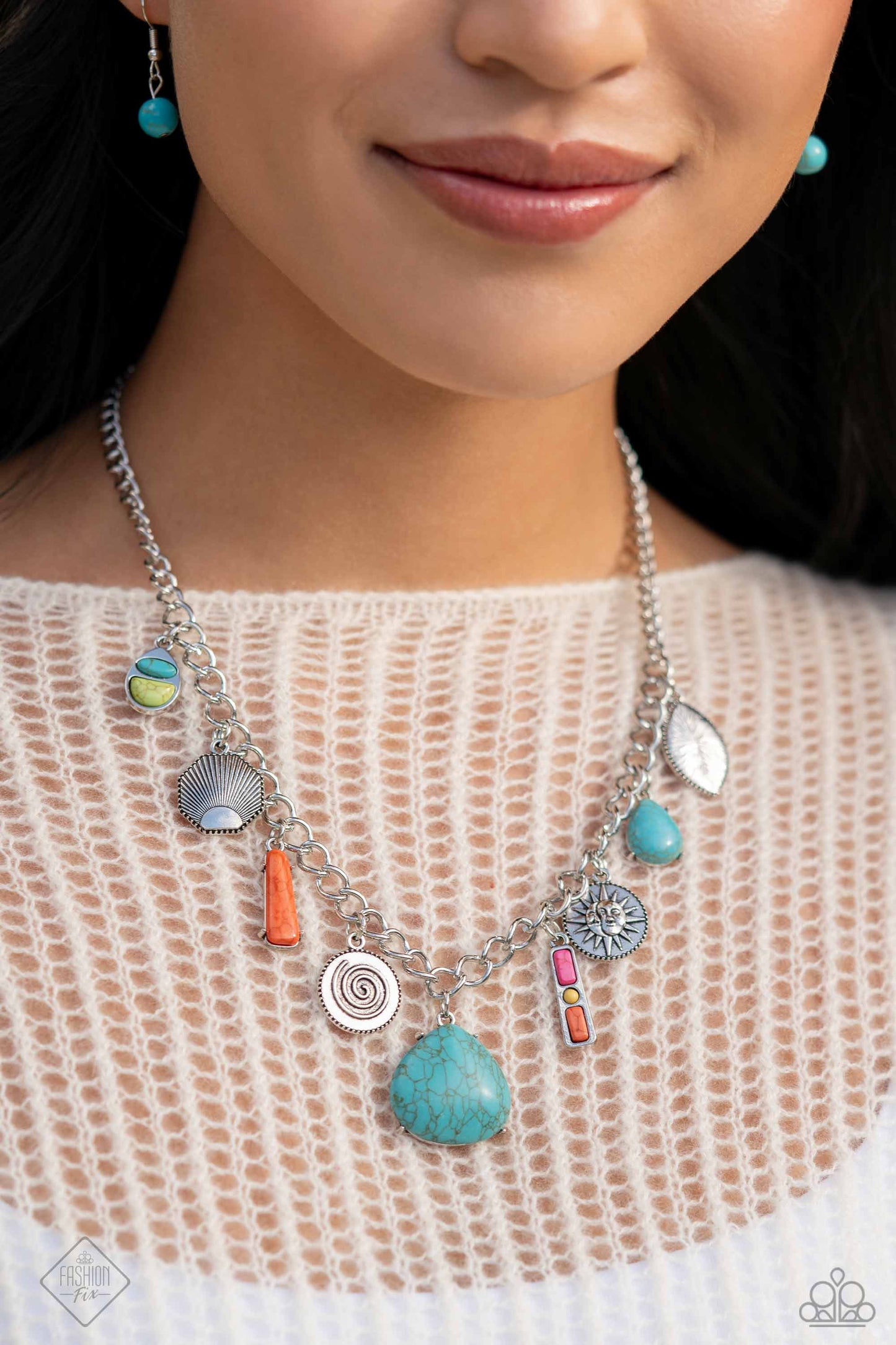 Desert Getaway - Multi Color Stone Silver Sun Moon Charm Short Necklace - Fashion Fix