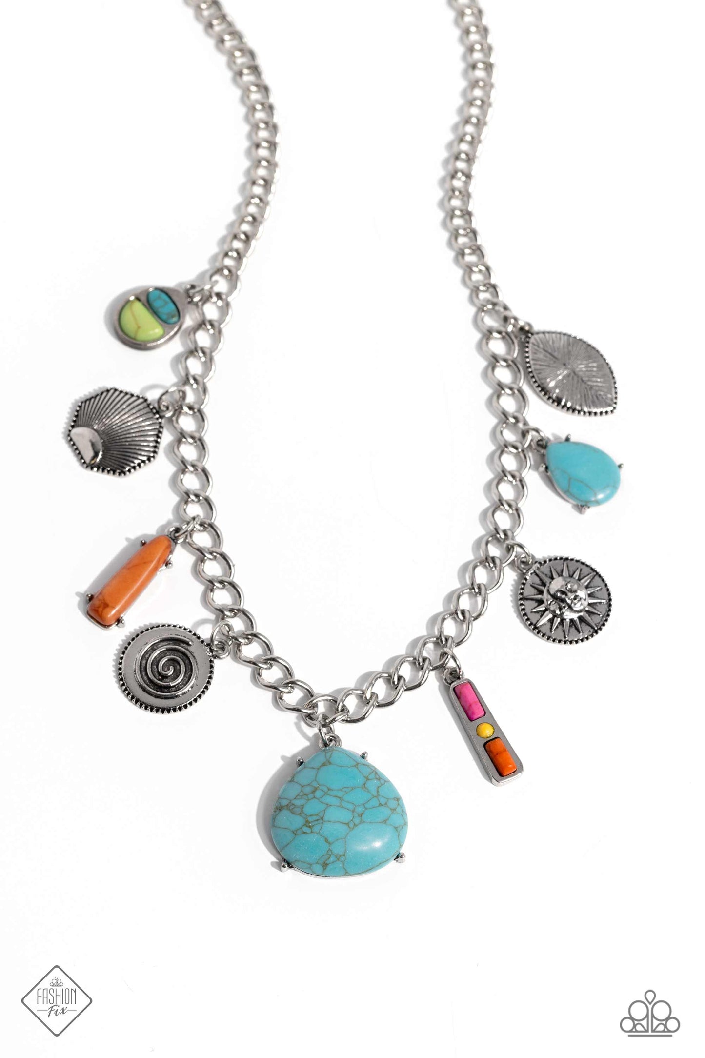 Desert Getaway - Multi Color Stone Silver Sun Moon Charm Short Necklace - Fashion Fix