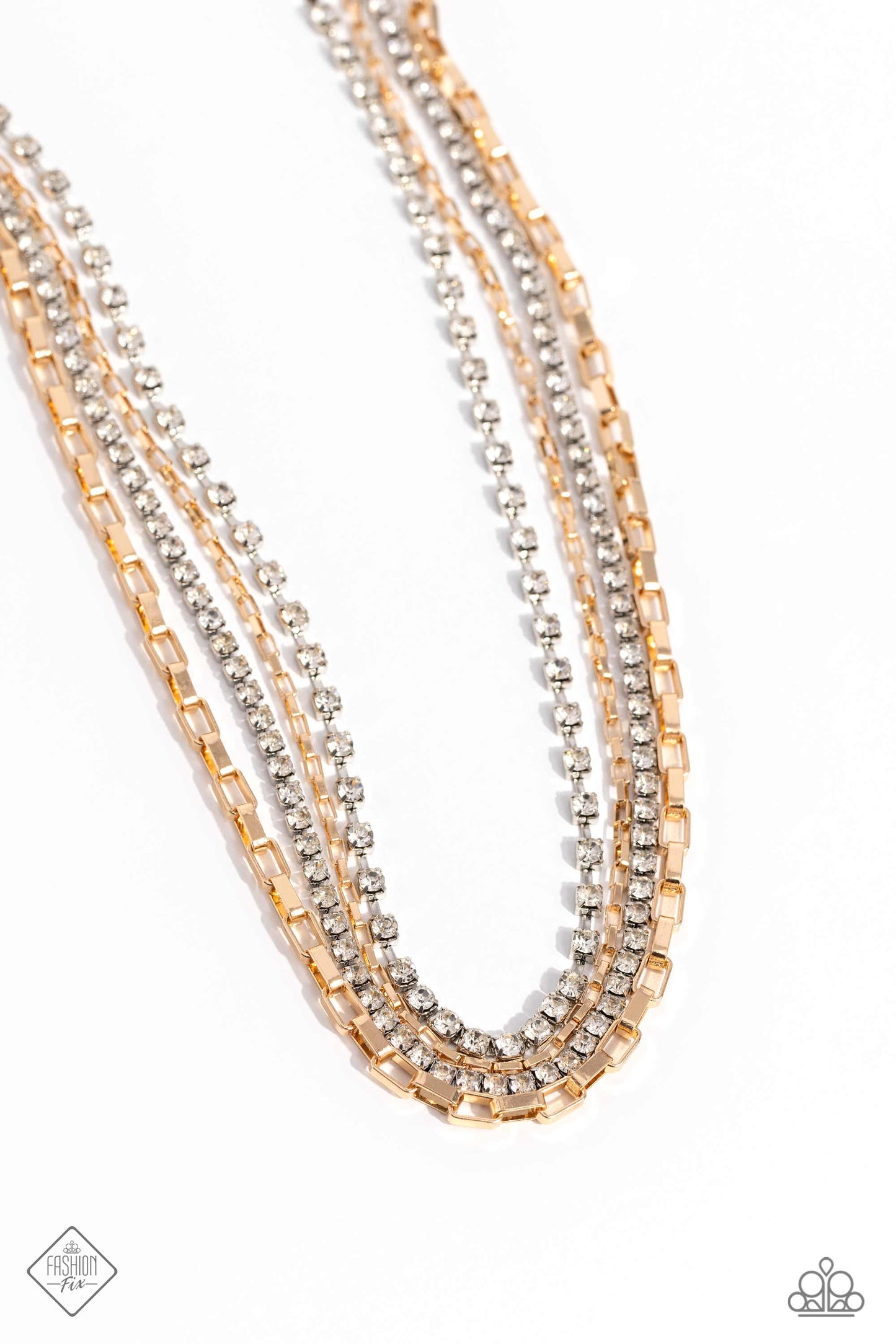 SQUARE Necessities - Multi Gold Box Chain Silver Rhinestone Mixed Metal Short Necklace - Fashion Fix