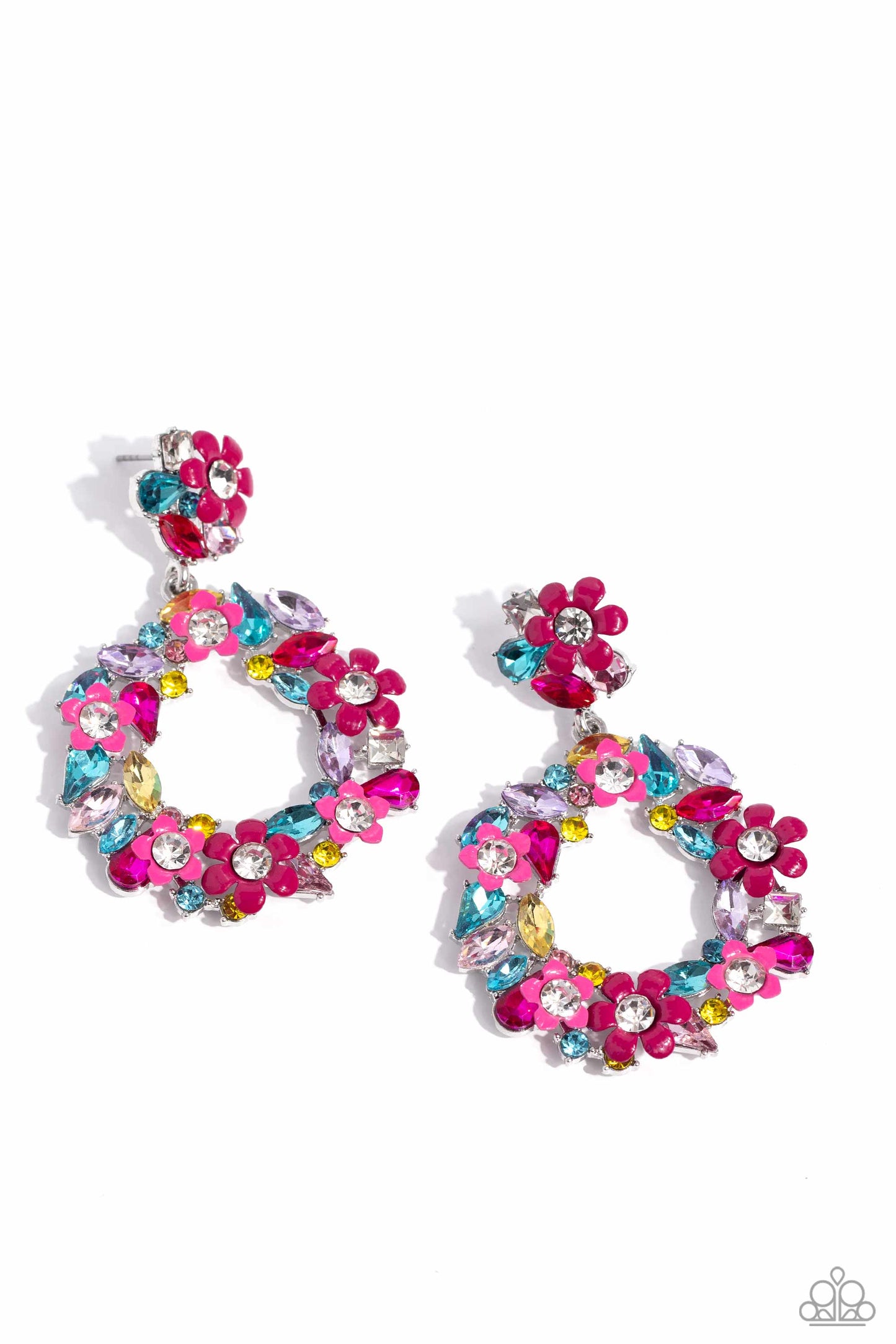 Wreathed in Wildflowers - Multi Color Gem Pink Flower Post Earrings - Life of the Party
