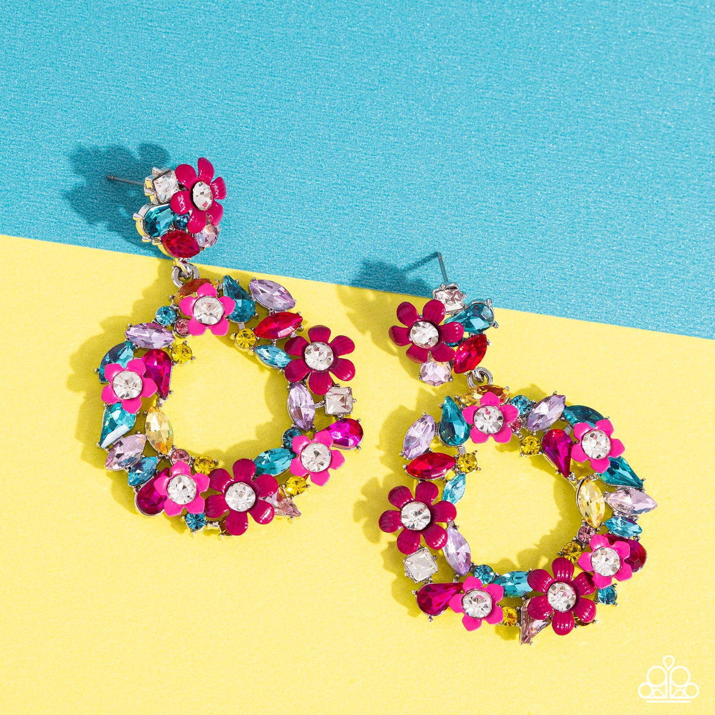 Wreathed in Wildflowers - Multi Color Gem Pink Flower Post Earrings - Life of the Party