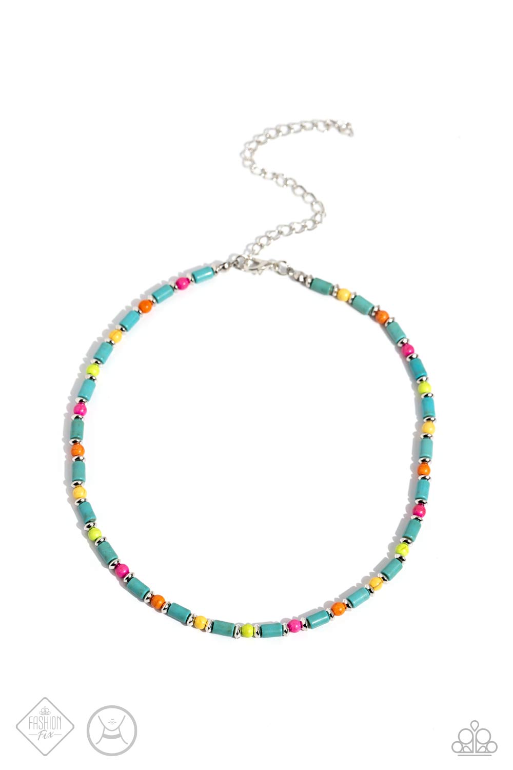 Arid Ambiance - Blue Turquoise Silver and Colorful Bead Choker Necklace - Fashion Fix