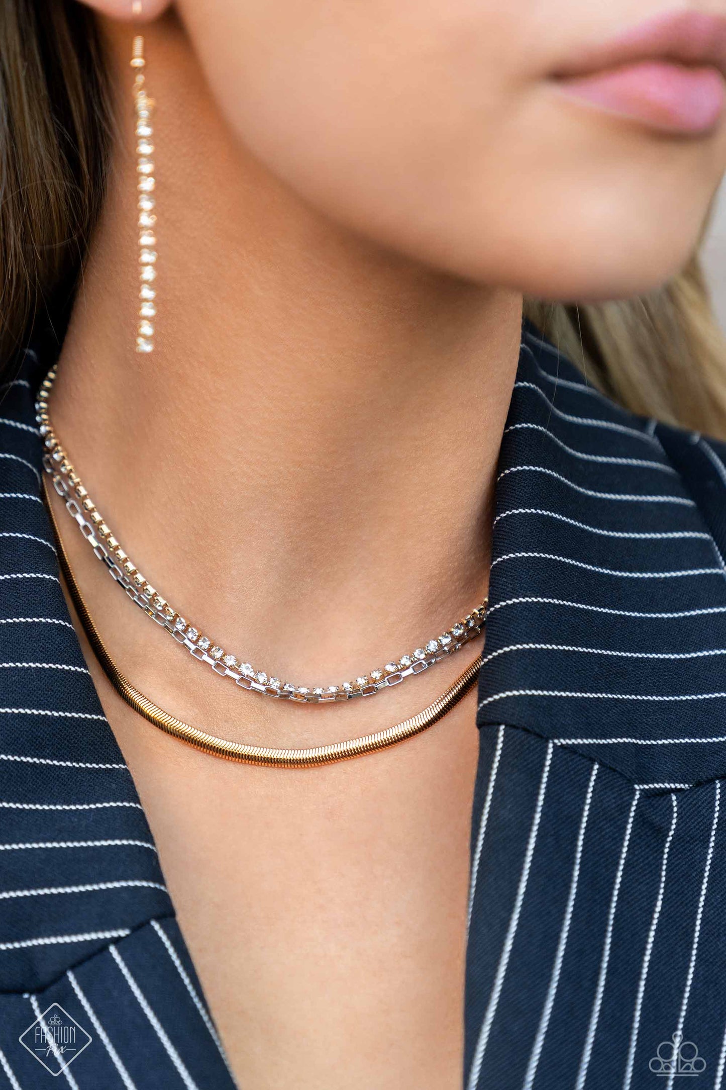 I SQAURE For You - Layered Gold Herringbone, Silver Box Chain, and White Rhinestones Short Necklaces - Fashion Fix