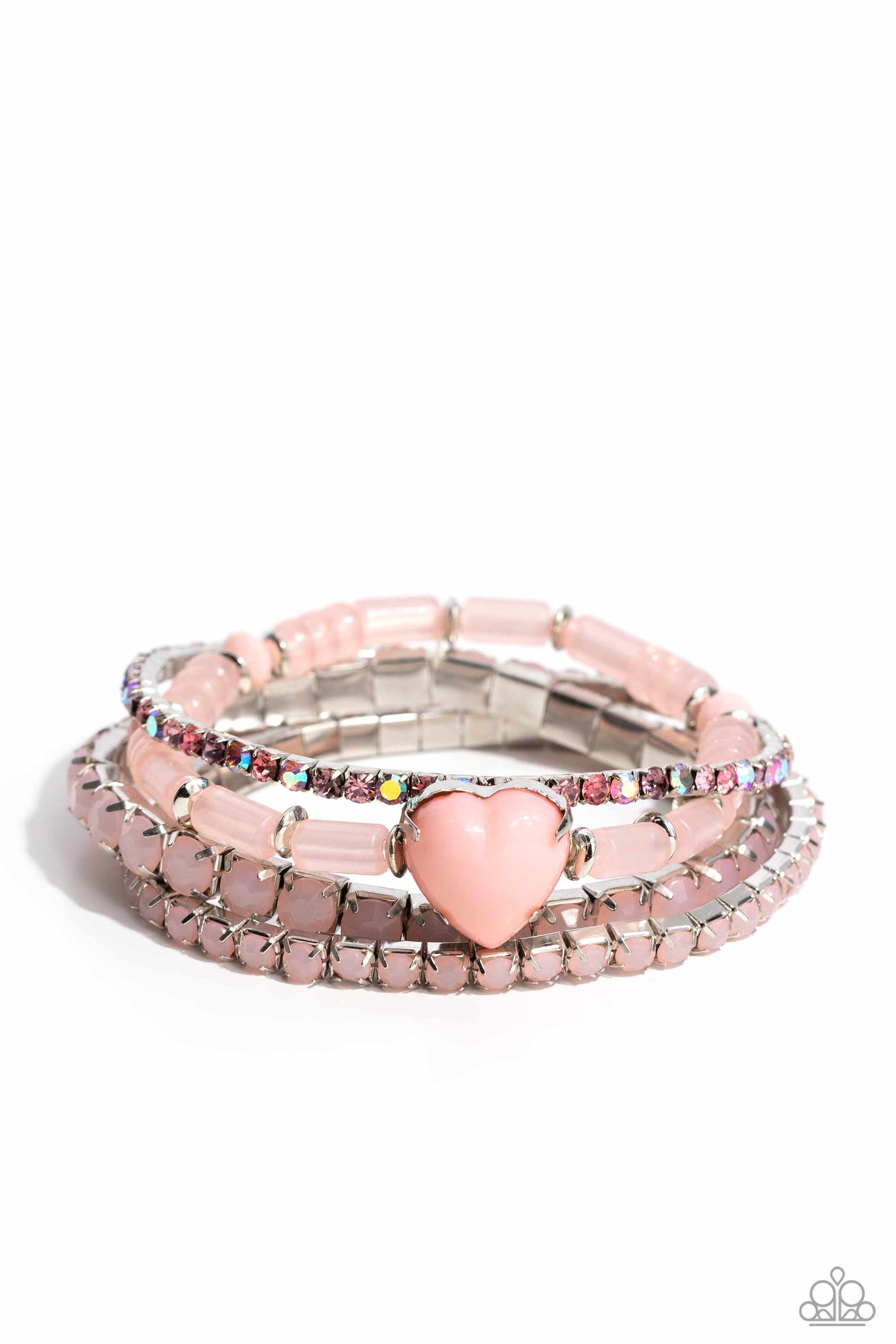 True Loves Theme - Pink Heart Iridescent Rhinestone Silver Stretchy Bracelet Set - Life of the Party