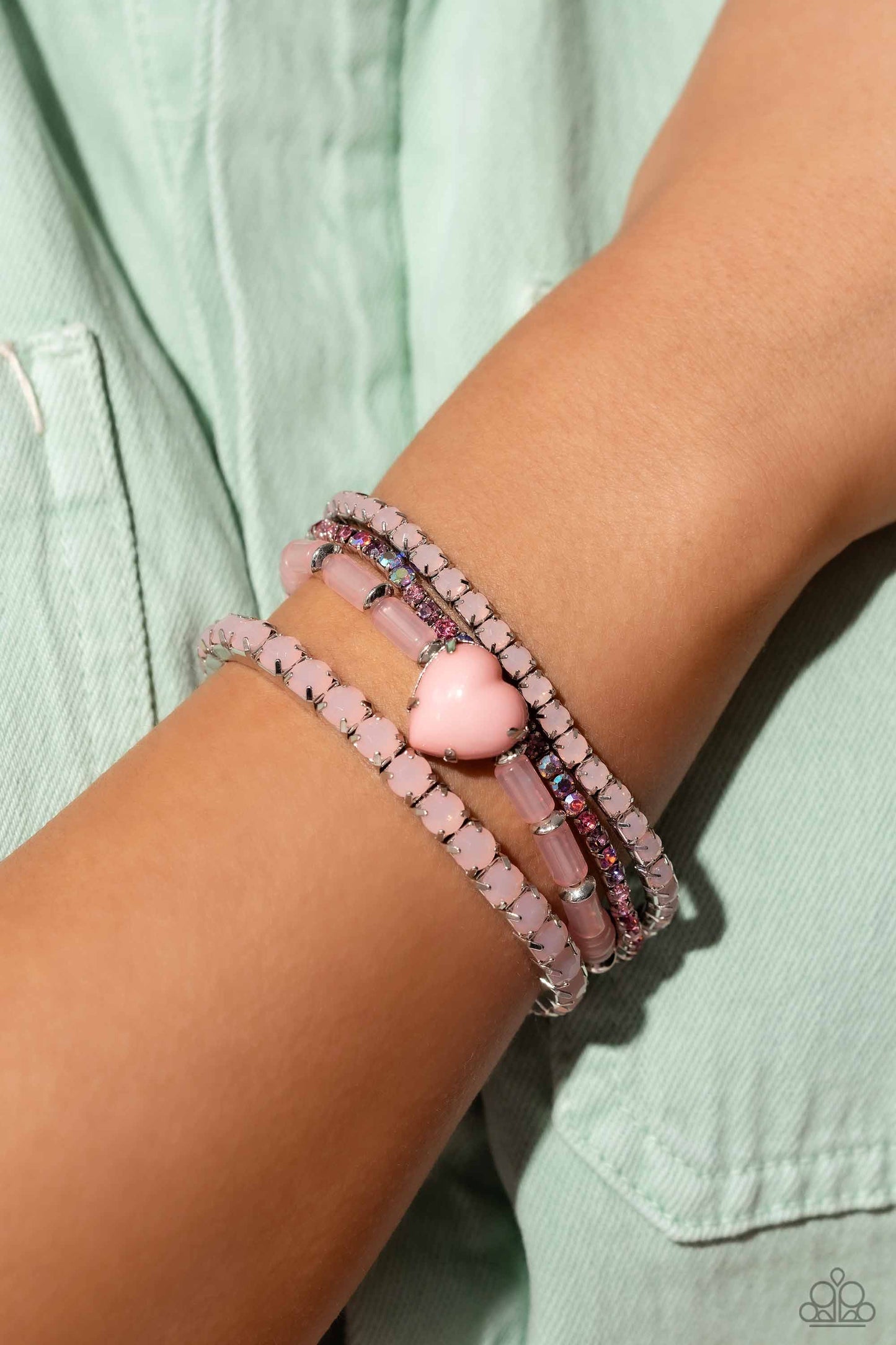 True Loves Theme - Pink Heart Iridescent Rhinestone Silver Stretchy Bracelet Set - Life of the Party