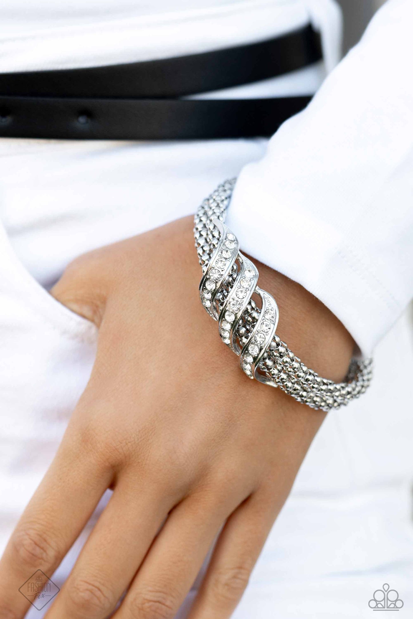 Tangible Taste - White Rhinestone Silver Cuff Bracelet - Fashion Fix