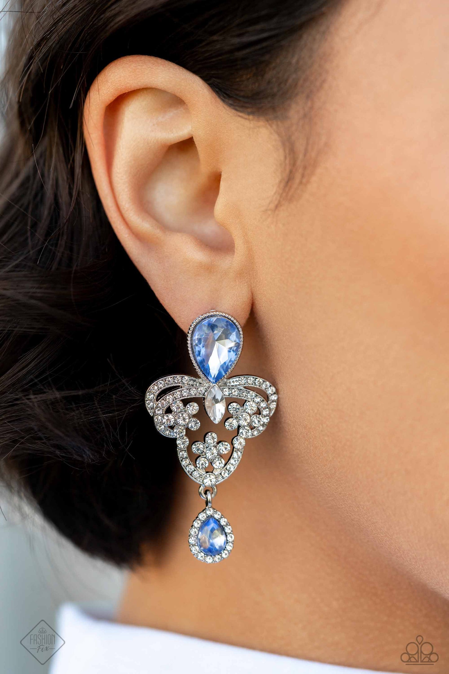 Giving Glam - Blue Gem White Rhinestone Silver Post Earrings - Fashion Fix