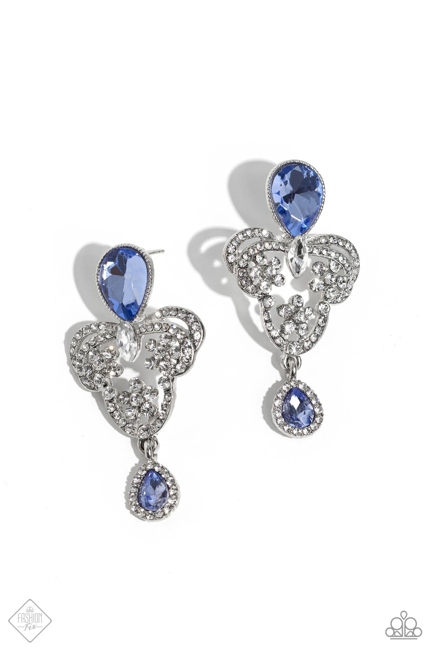 Giving Glam - Blue Gem White Rhinestone Silver Post Earrings - Fashion Fix