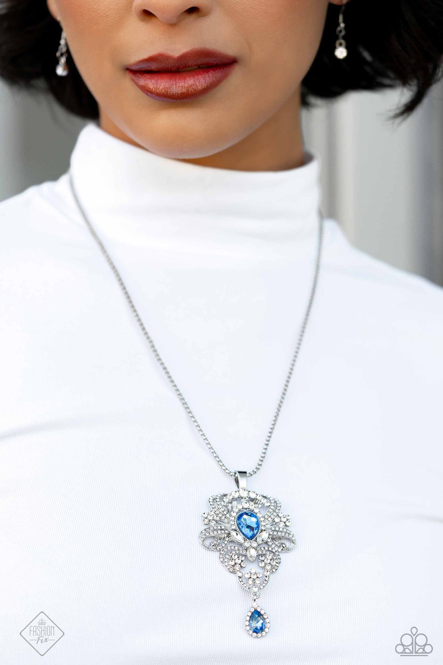 Elegance Personified - Blue Gem White Rhinestone Silver Medium-Length Necklace - Fashion Fix