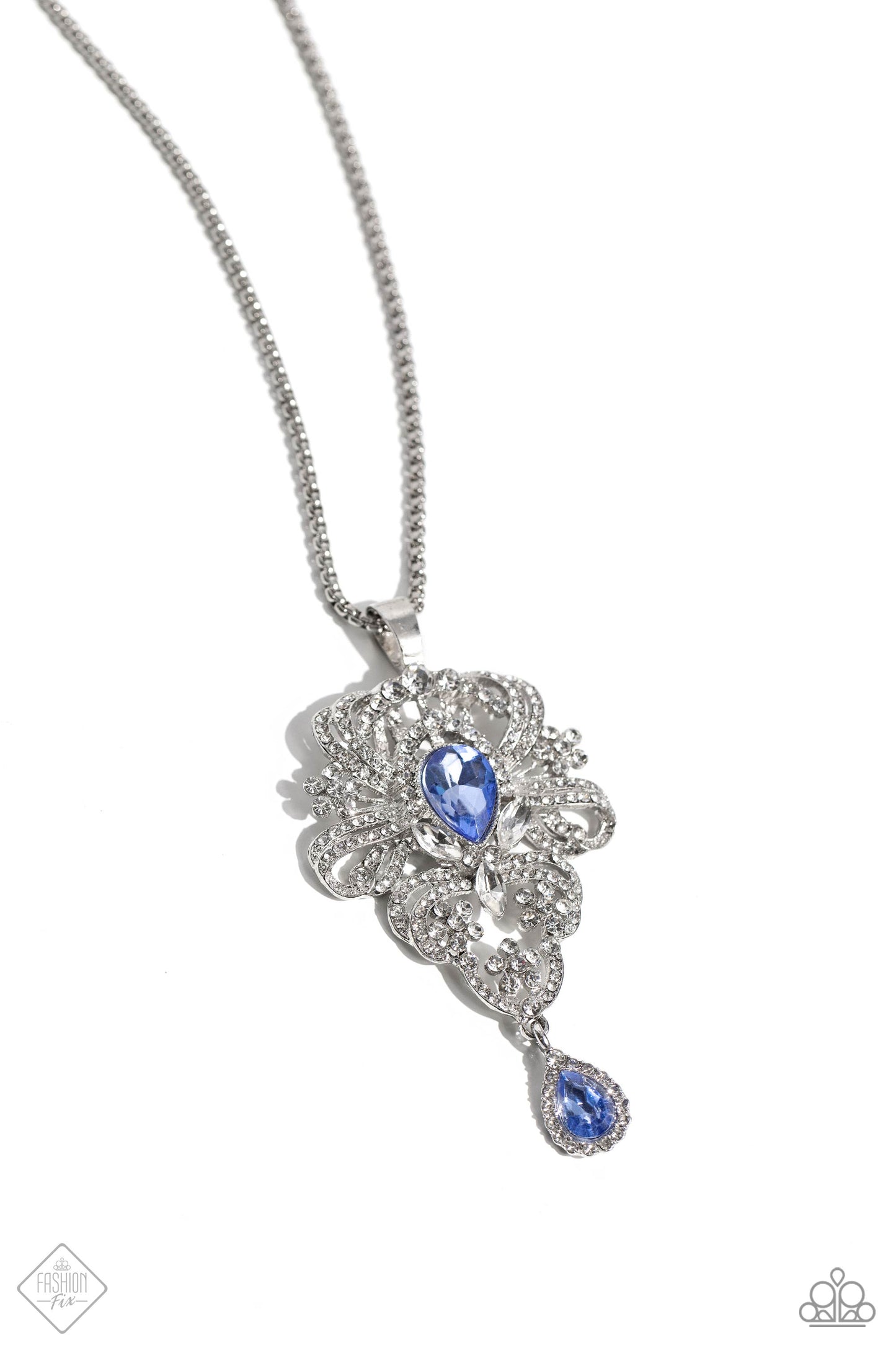 Elegance Personified - Blue Gem White Rhinestone Silver Medium-Length Necklace - Fashion Fix