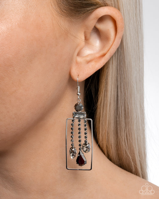 Framed Feature - Silver Hematite Rhinestone Silver Rectangle Fishhook Earrings