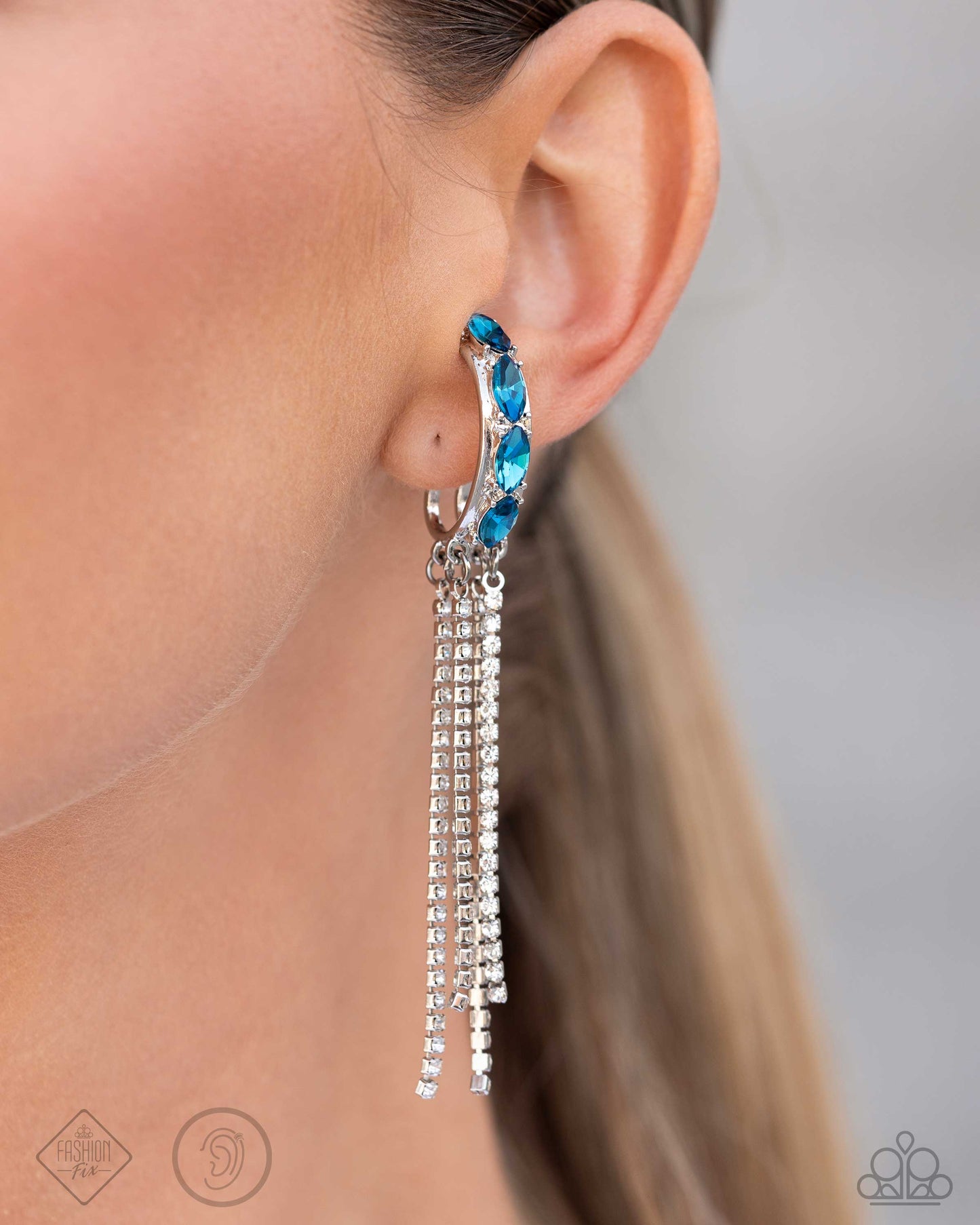 Feminine Fascination - Blue Rhinestone Silver Fringe Hoop Cuff Earrings - Fashion Fix