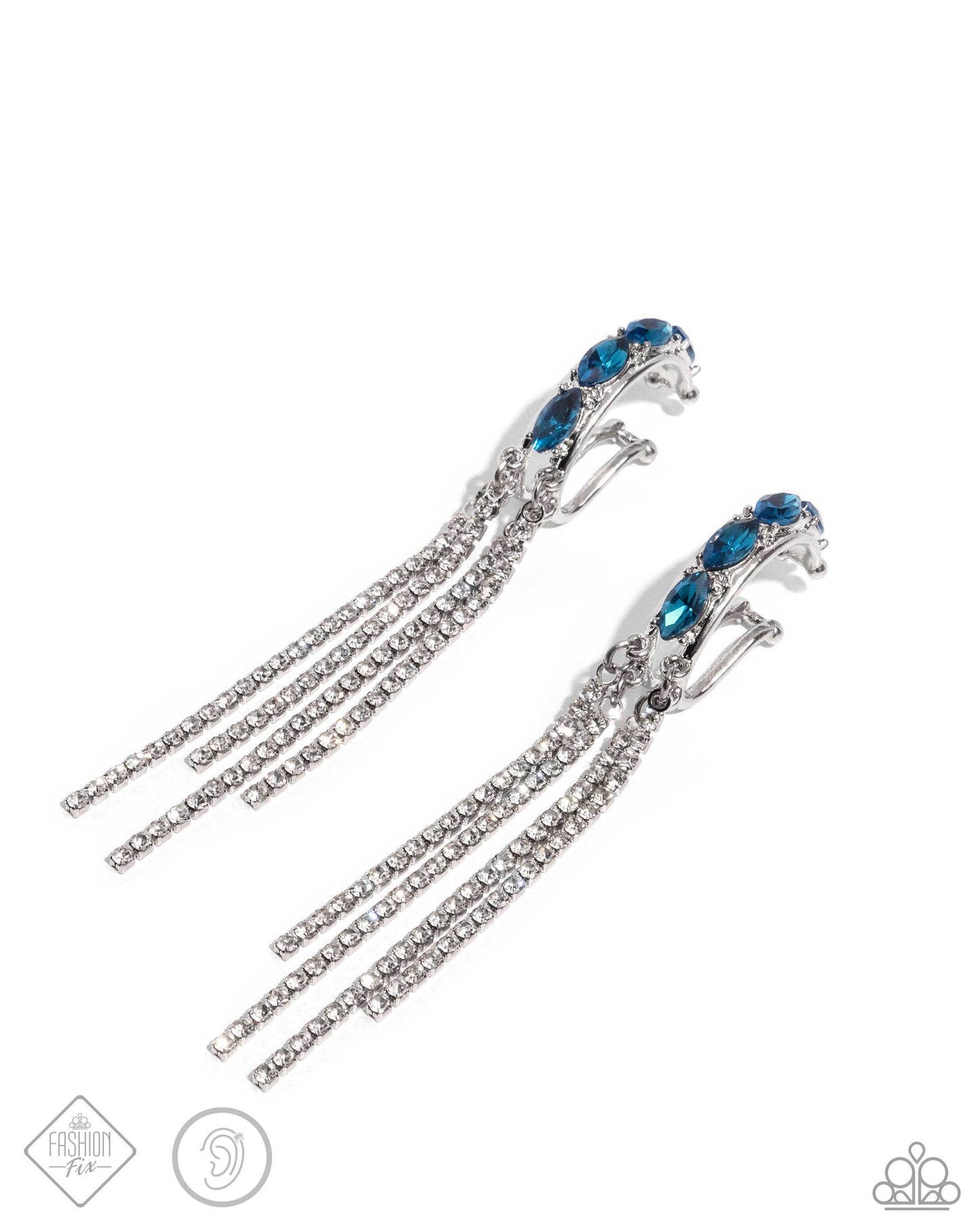 Feminine Fascination - Blue Rhinestone Silver Fringe Hoop Cuff Earrings - Fashion Fix