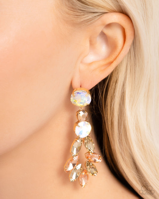 Cascading Cache - Gold Iridescent Gem Post Earrings