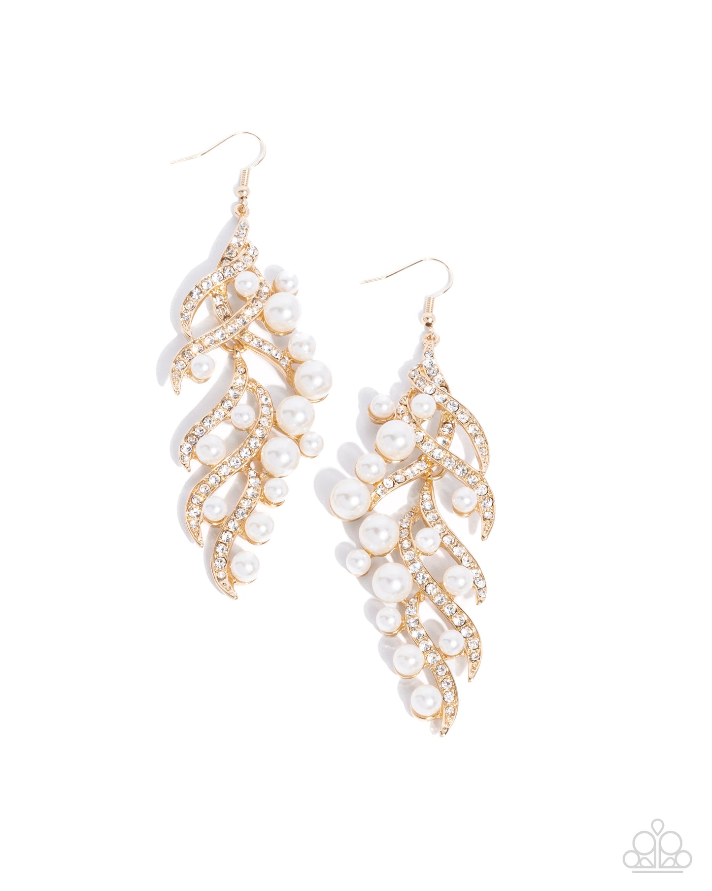 Flourishing Fancy - Gold Pearl and Rhinestone Fishhook Earrings