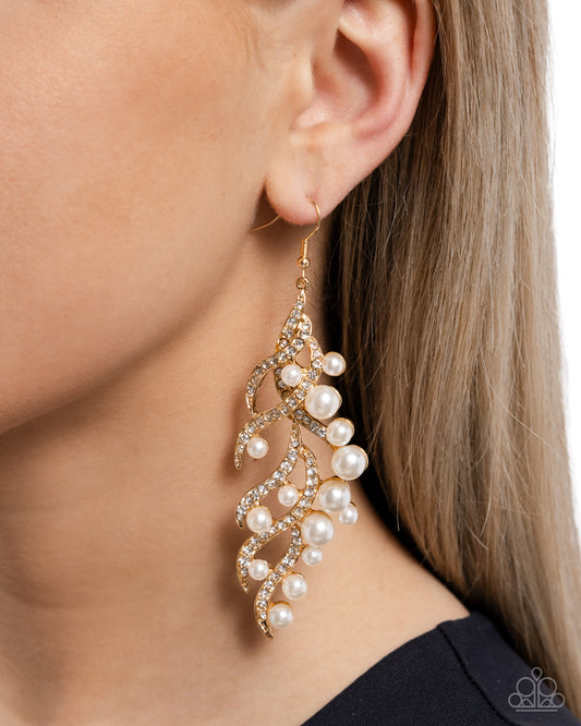 Flourishing Fancy - Gold Pearl and Rhinestone Fishhook Earrings