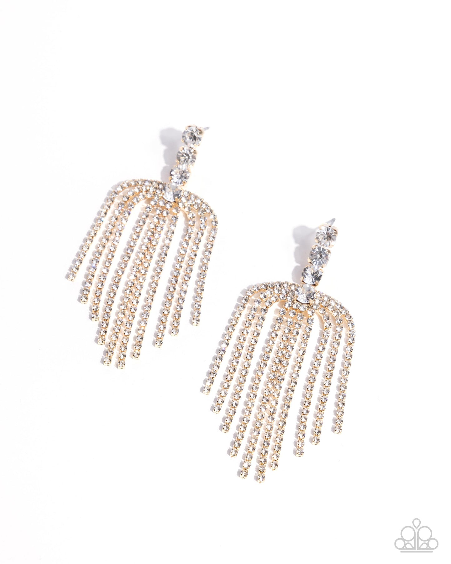 Tapered Twilight - Gold White Rhinestone Fringe Post Earrings - Life of the Party