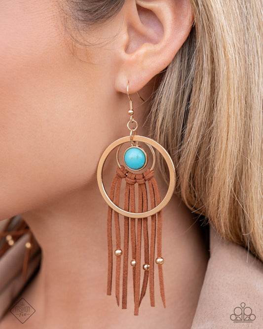 Texan Tapestry - Gold Circle Brown Leather Fringe Turquoise Stone Earrings - Fashion Fix