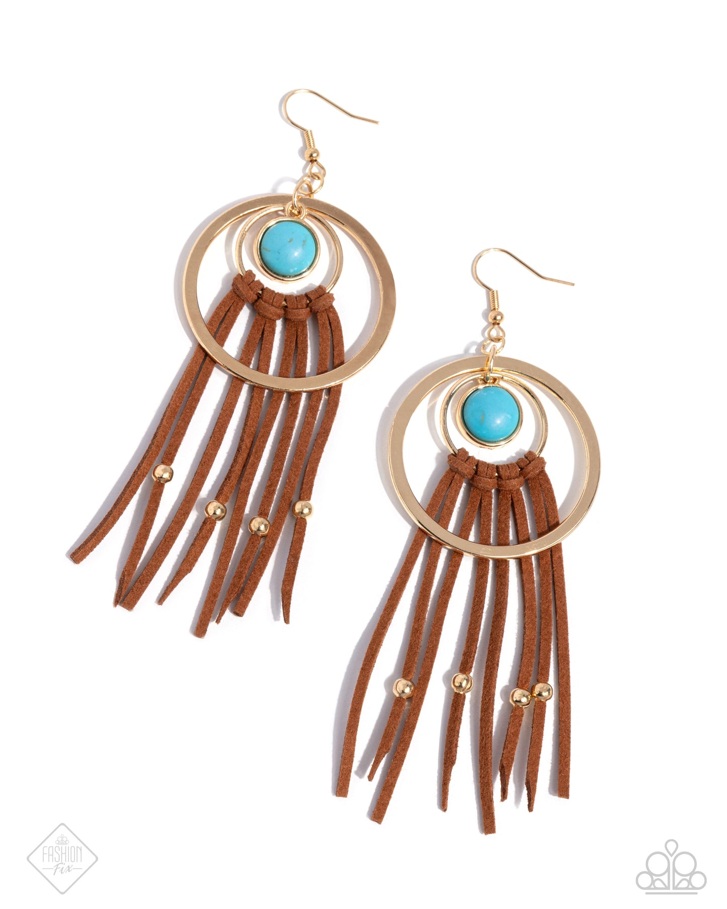 Texan Tapestry - Gold Circle Brown Leather Fringe Turqoise Stone Earrings - Fashion Fix