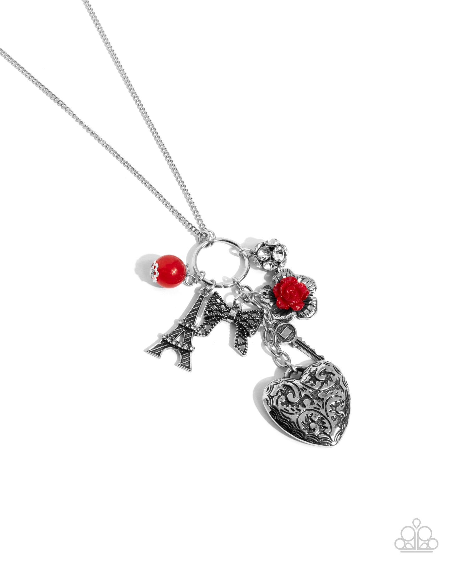 Parisian Press - Red Bead Silver Eiffel Tower Heart Charms Pendant Long Necklace