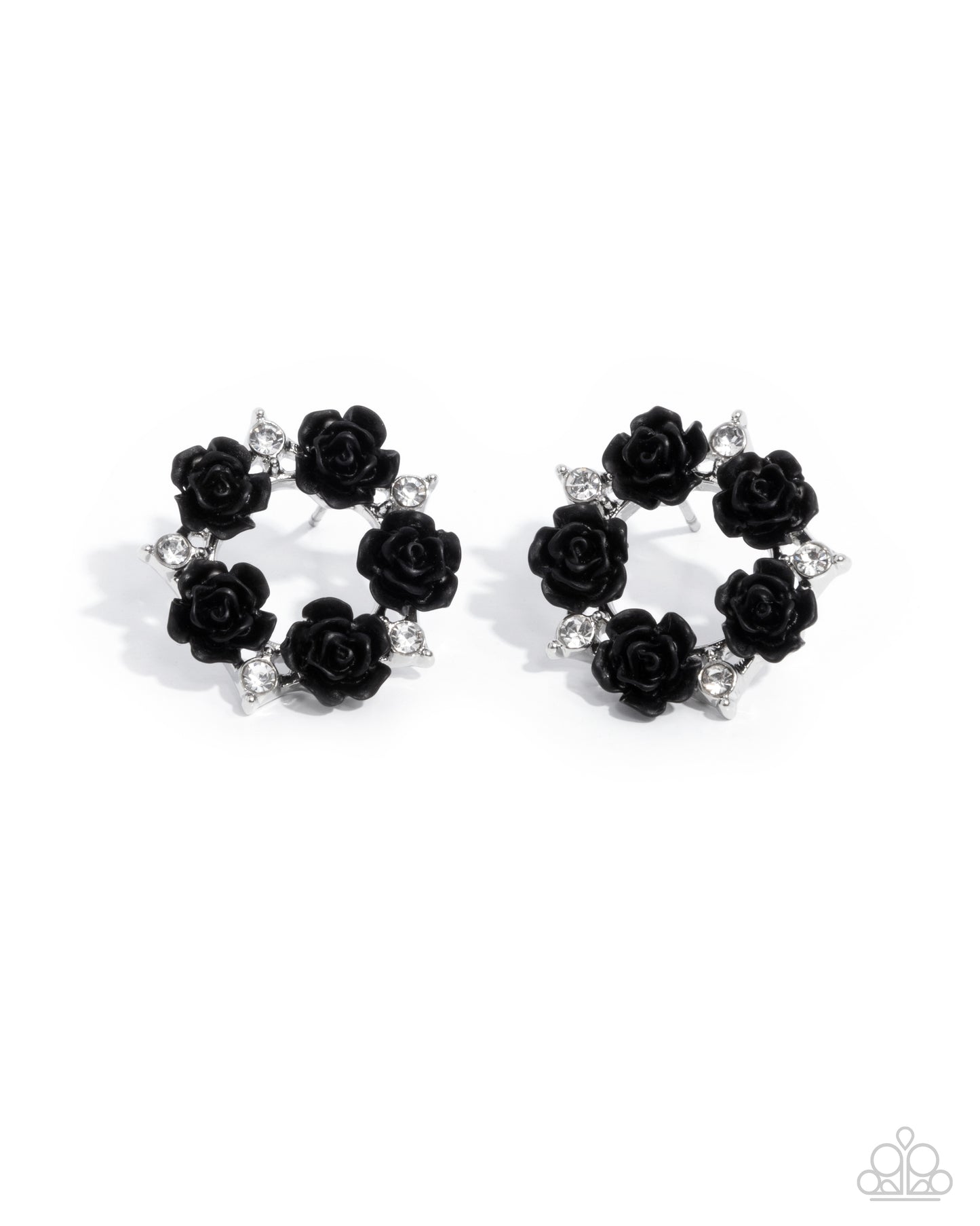 Grace Personified - Black Rose Flower Circle Silver Post Earrings