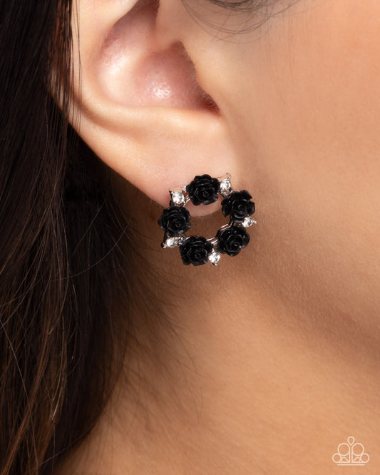 Grace Personified - Black Rose Flower Circle Silver Post Earrings