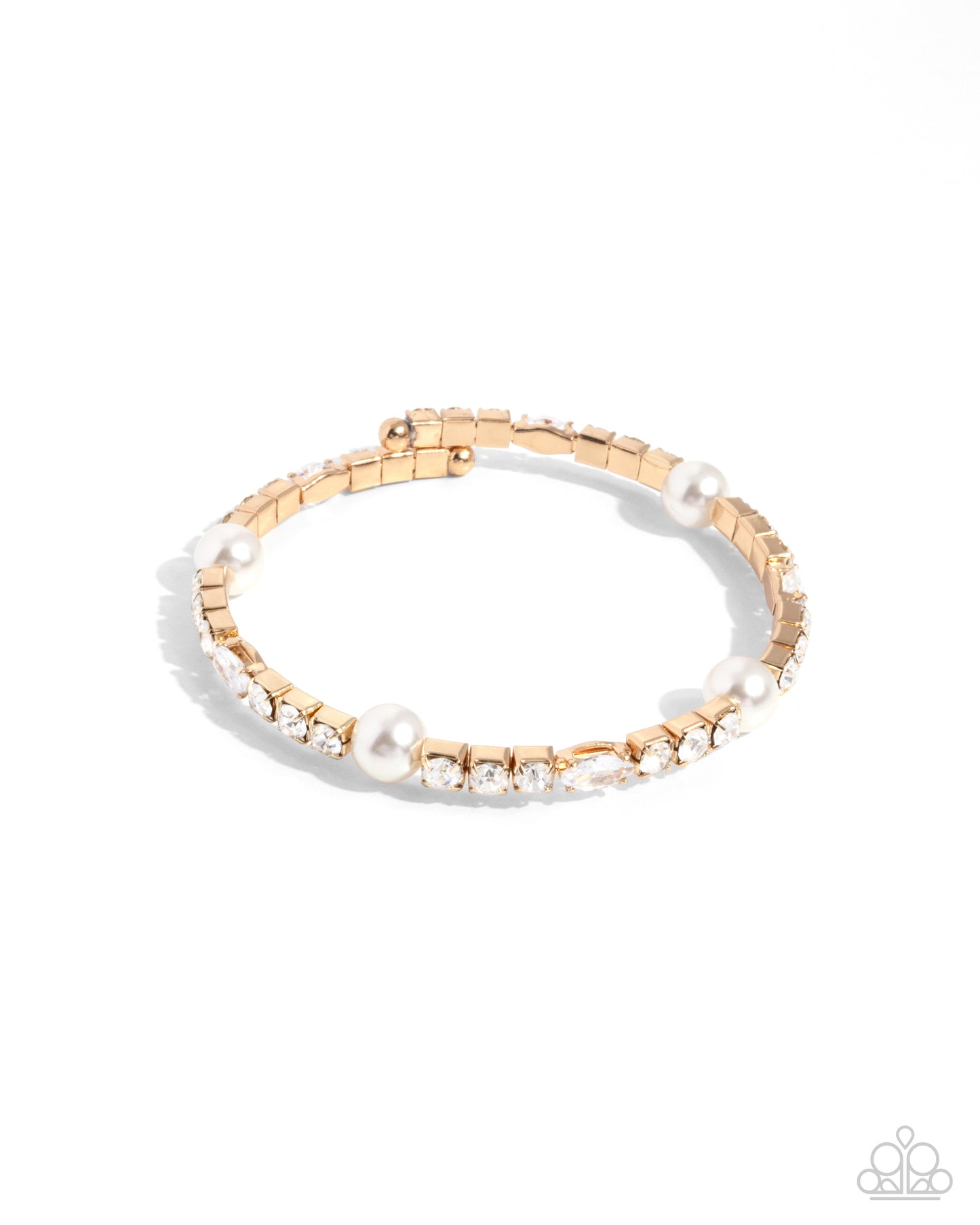 Ladylike Leader - Gold White Gem Pearl Flex Cuff Bracelet