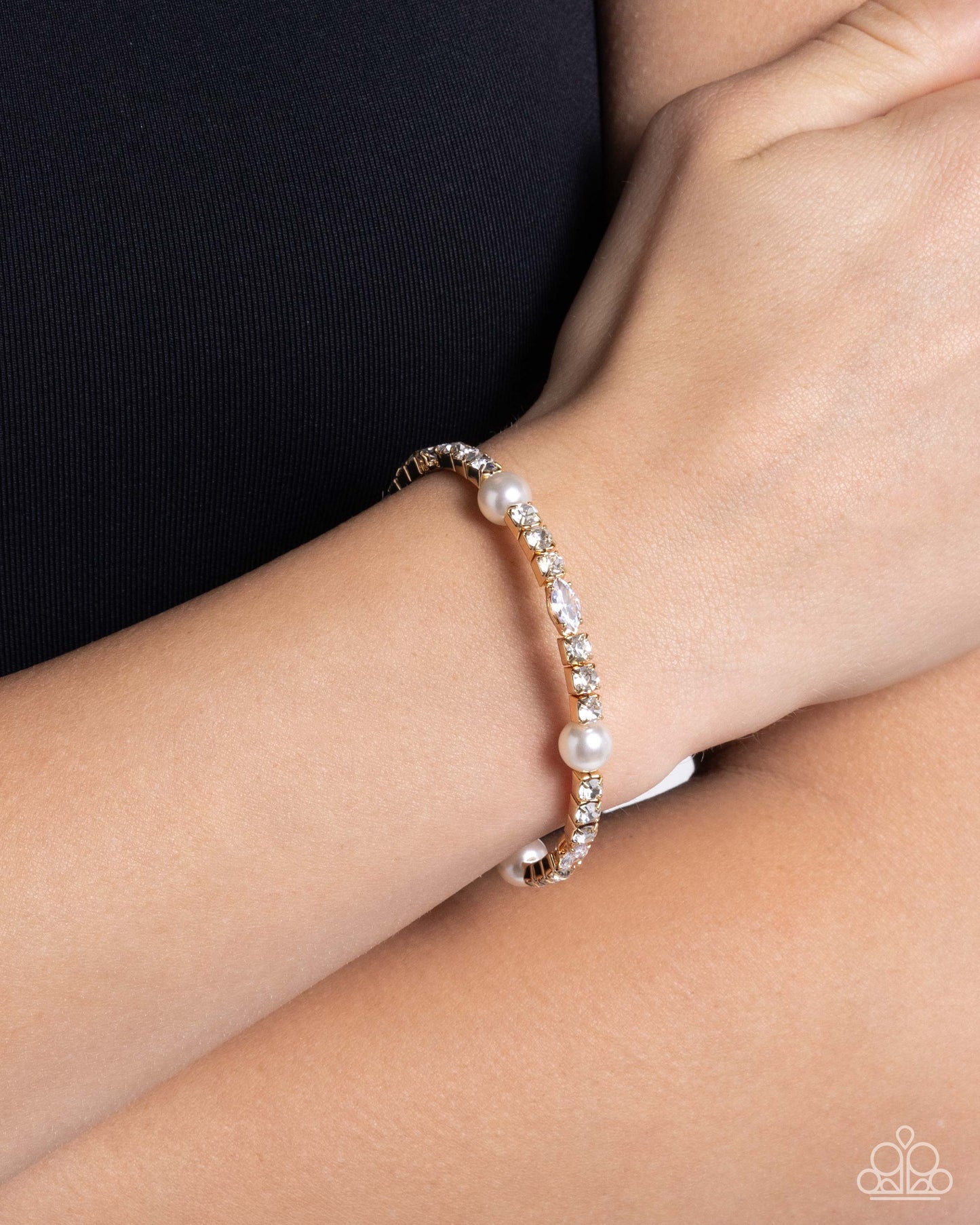 Ladylike Leader - Gold White Gem Pearl Flex Cuff Bracelet