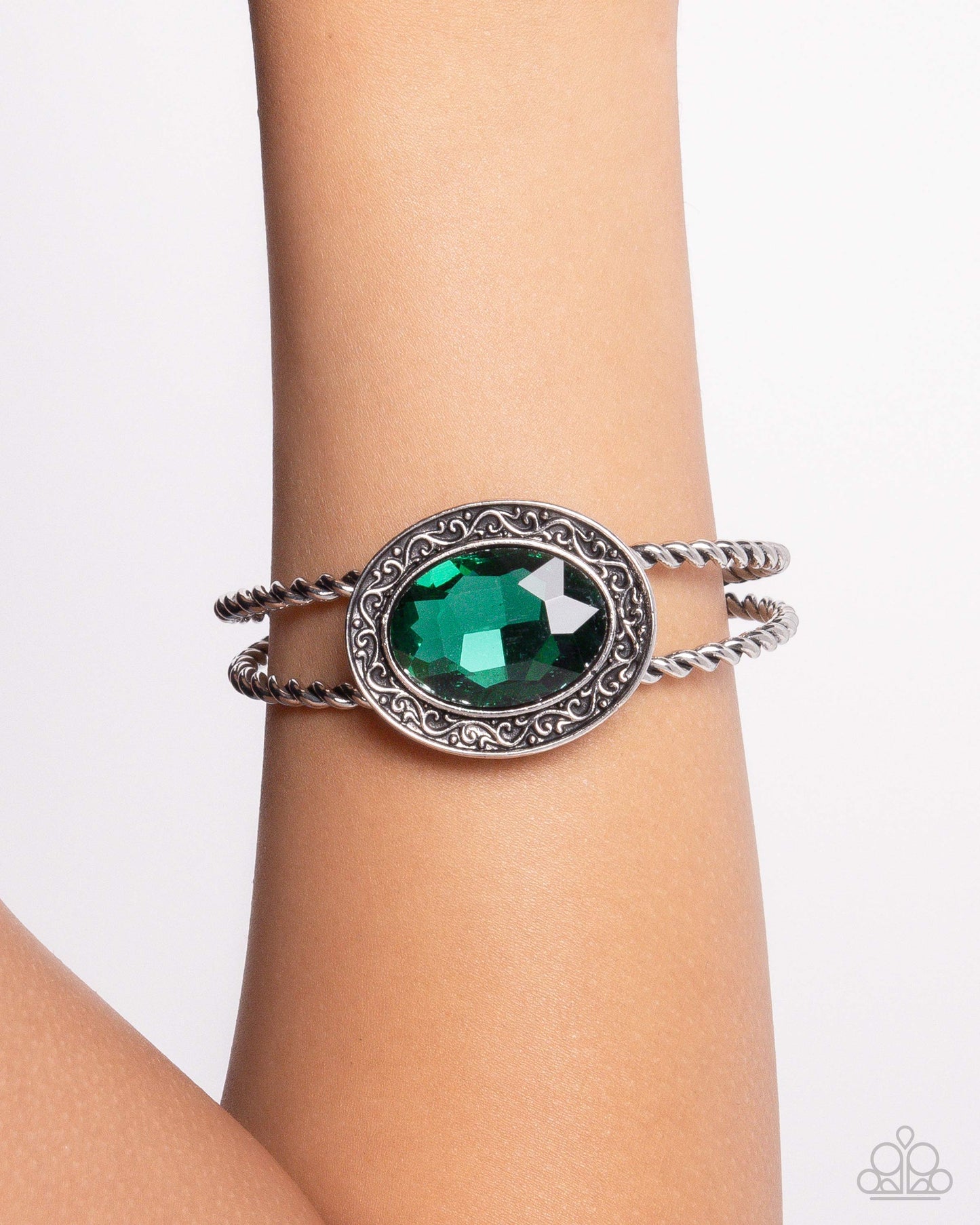 Braided Balance - Green Gem Silver Cuff Bracelet