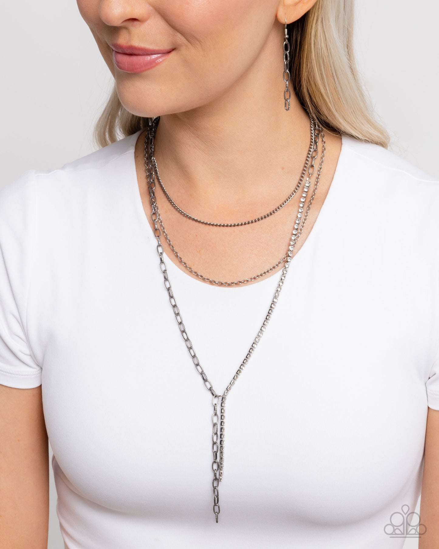 Ornate Obsession - White Rhinestone Silver Y Layered Necklace