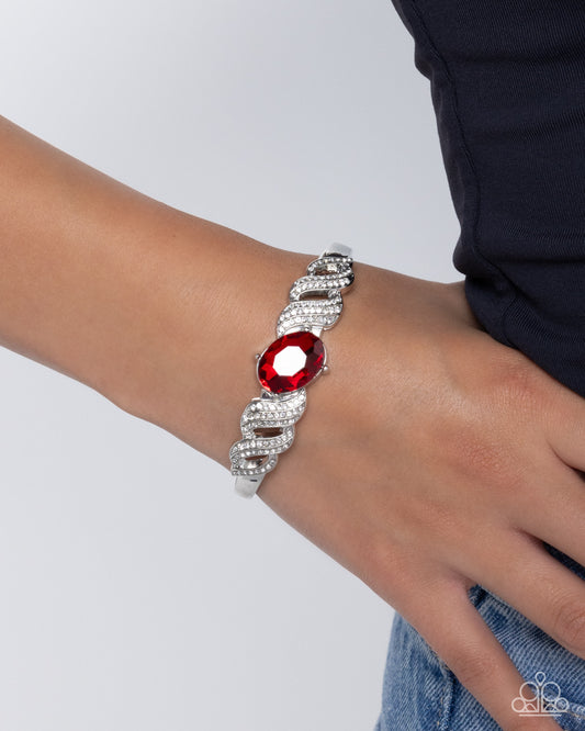 Sentimental Society - Red Gem White Rhinestone Silver Cuff Bracelet