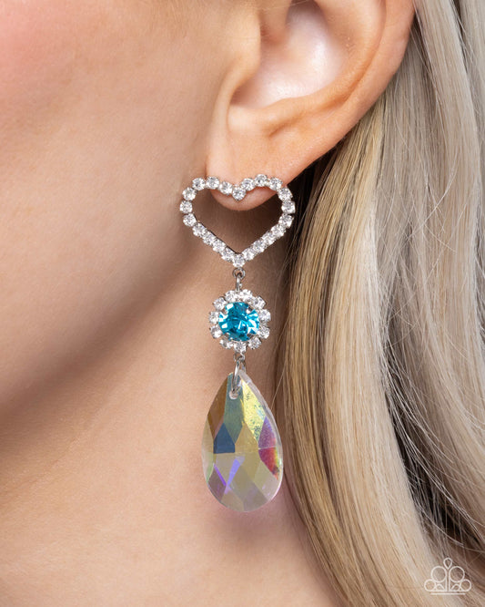 Faceted Frenzy - Blue Iridescent Gem Silver Heart Post Earrings