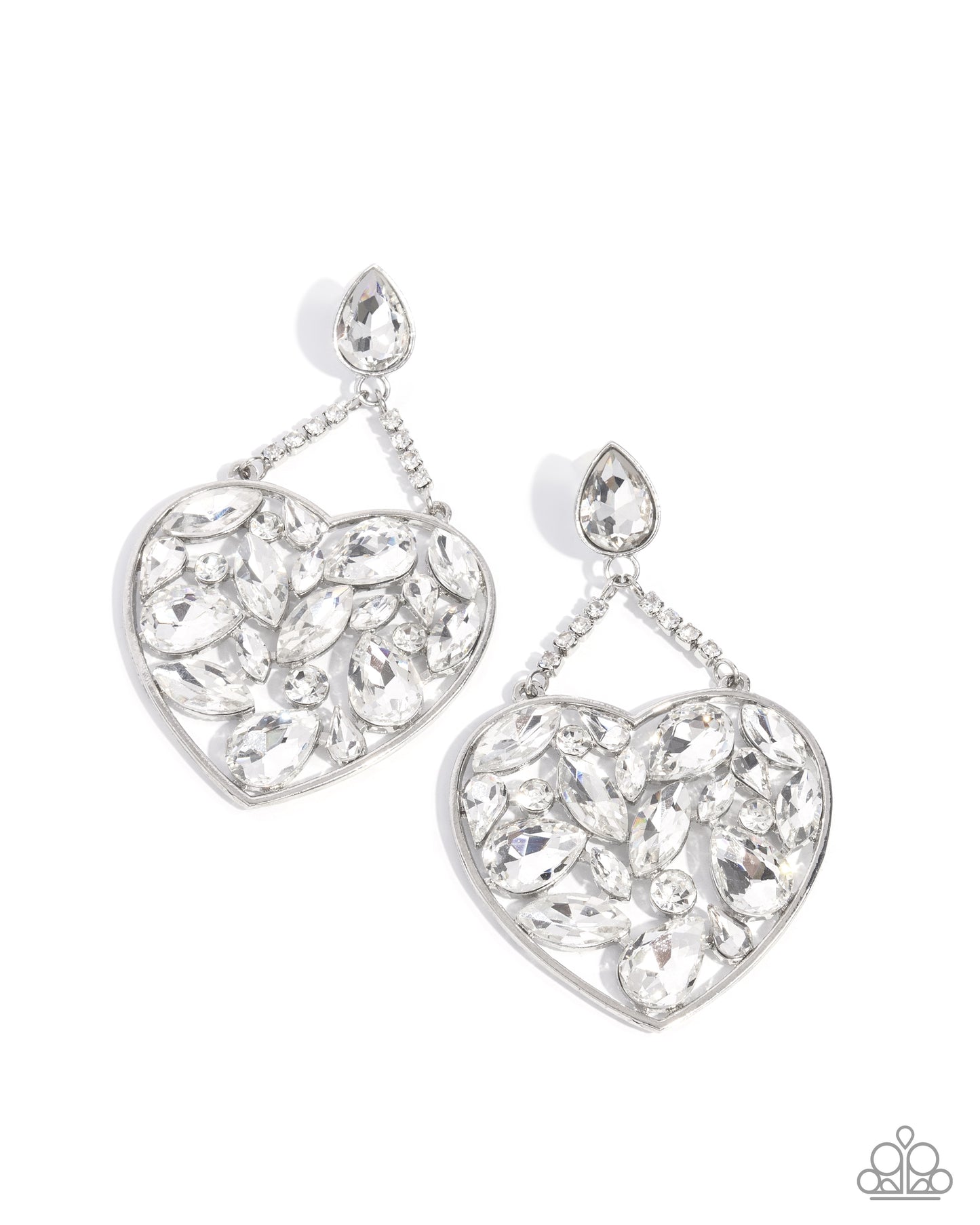 Glittery Gait - White Gem Silver Heart Post Earrings - Life of the Party