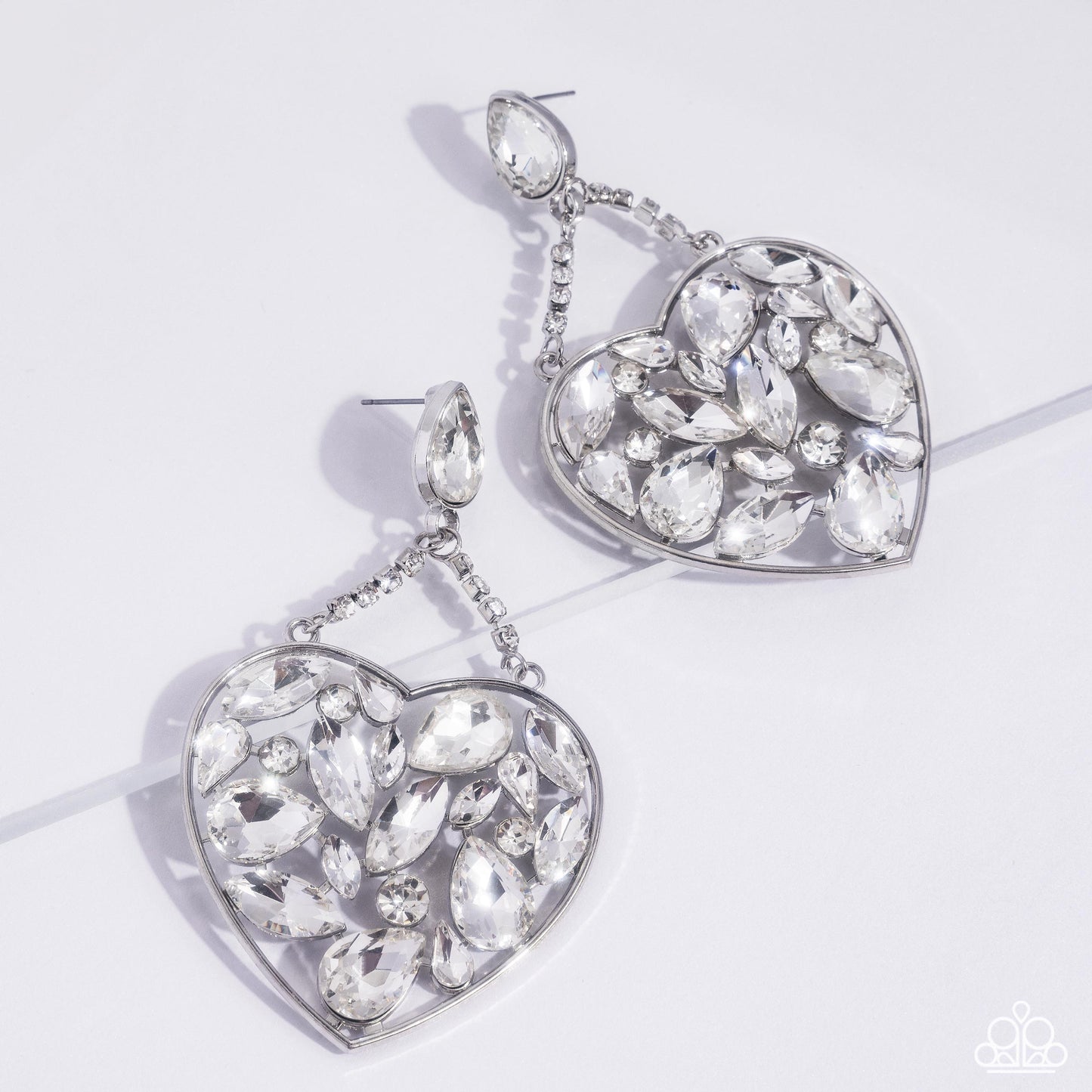 Glittery Gait - White Gem Silver Heart Post Earrings - Life of the Party