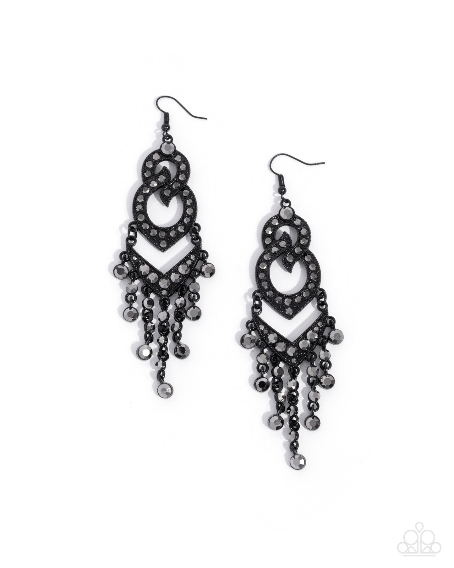 Pristine Precipitation - Black Frame Hematite Rhinestone Fishhook Earrings