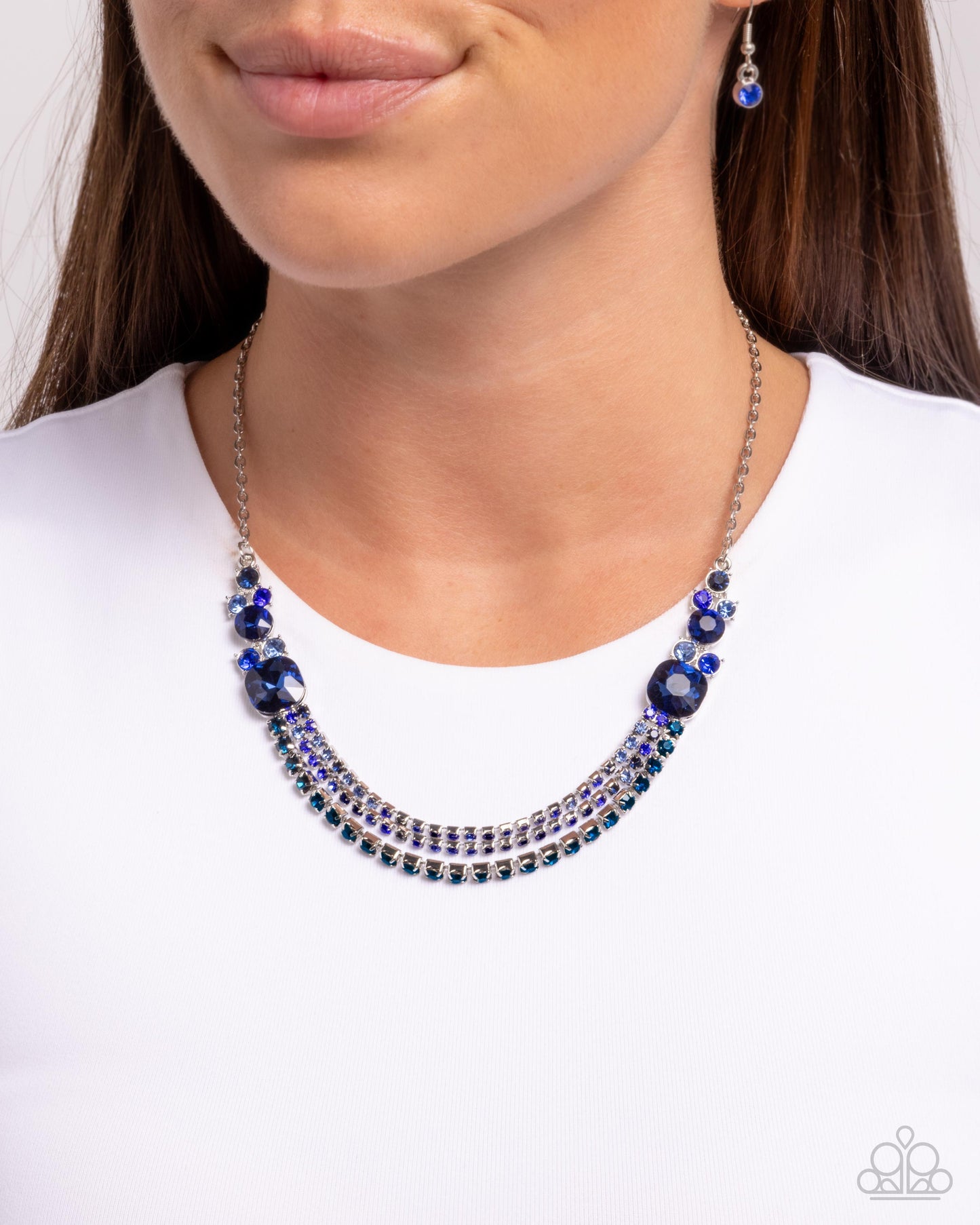 Relaxed Refinement - Blue Rhinestone Silver Layered Short Necklace