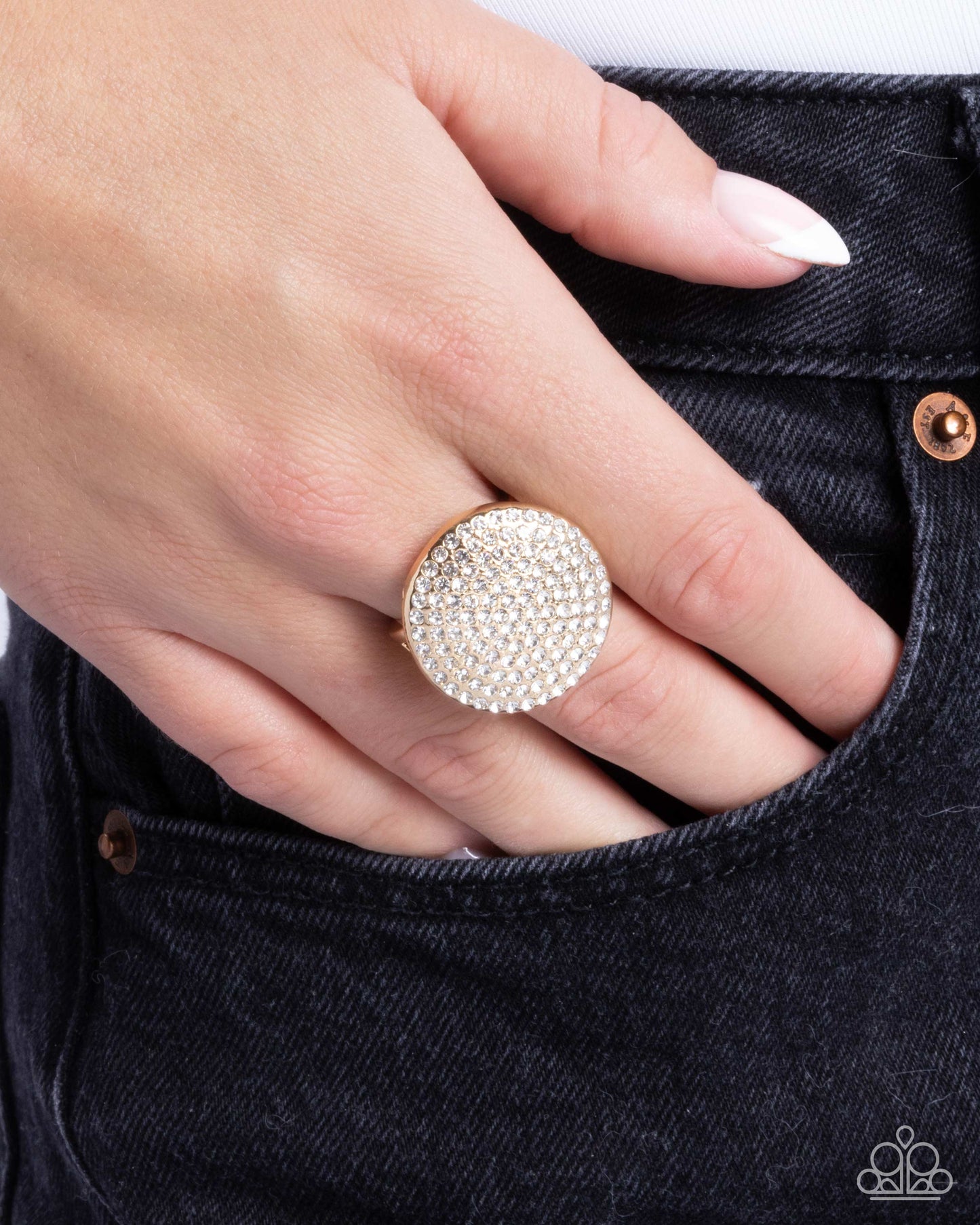 Studded Scout - Gold Circle White Rhinestone Ring