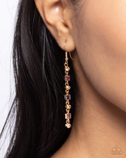 Square Slope - Purple Rhinestone Gold Fishhook Earrings