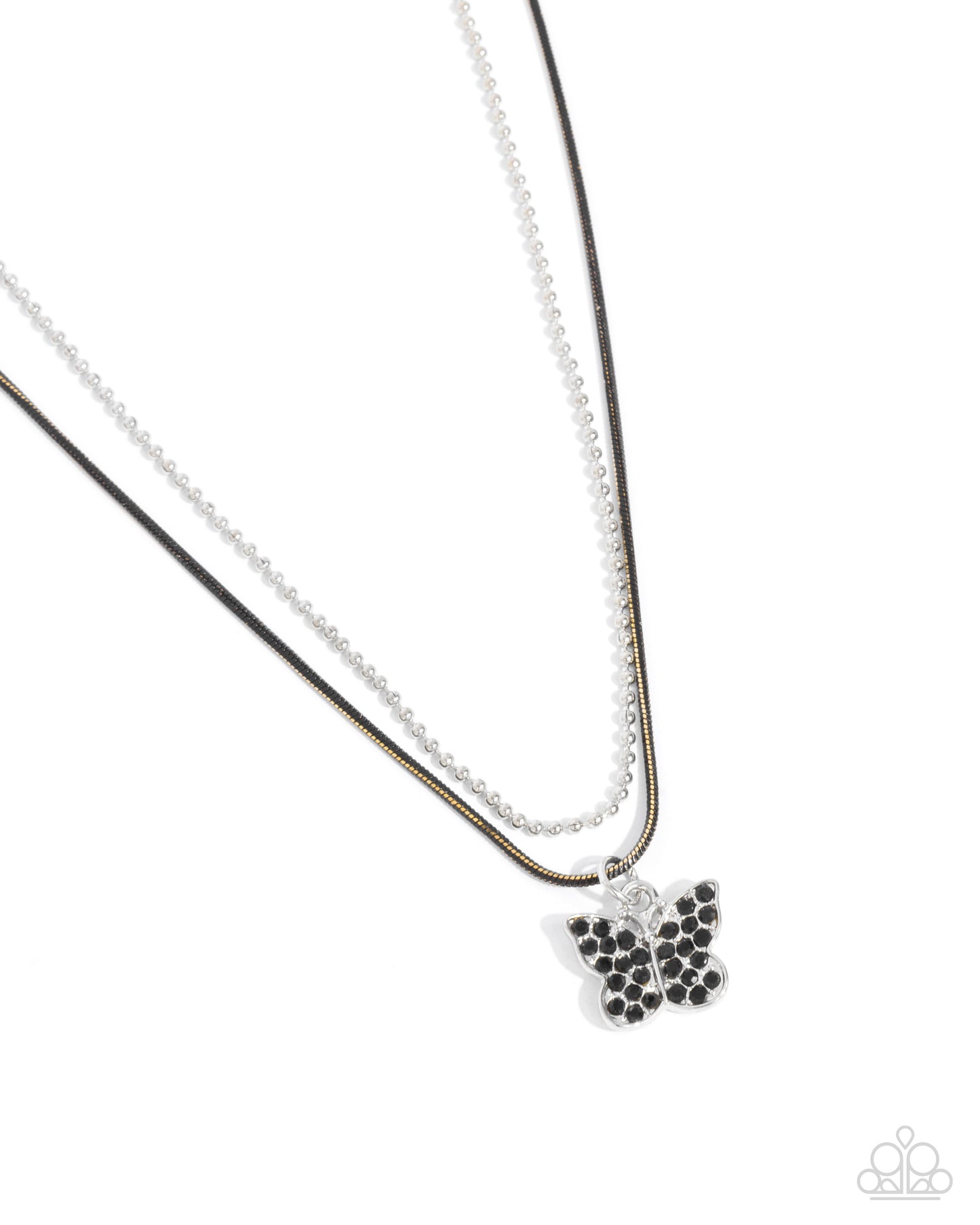 Adorable Ascension - Black Rhinestone Silver Butterfly Layered Short Necklace