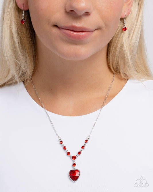 Fresh Fondness - Red Gem Hear Silver Short Necklace