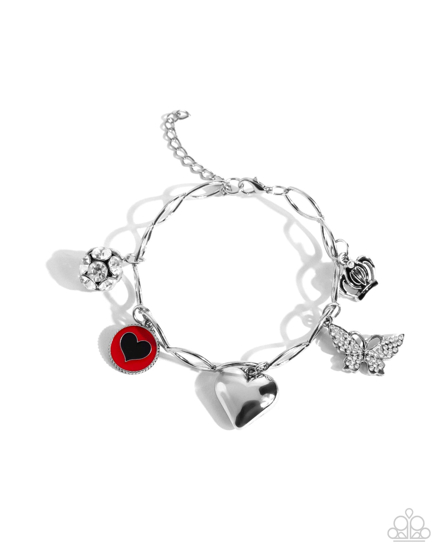Lullaby Lucky - Red with Black Heart, Silver Butterfly Crown Heart White Rhinestone Charms Clasp Bracelet
